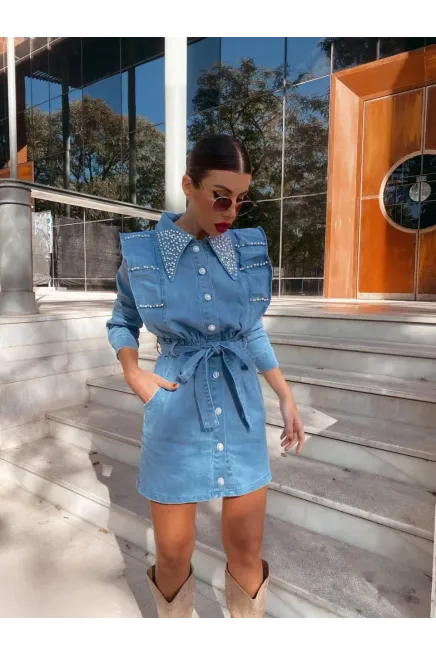 Likralı Denim Taş Detay Elbise - 2