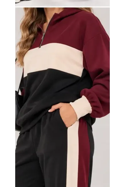 Modal Kumaş Bordo Bloklu Eşofman Takım - 3