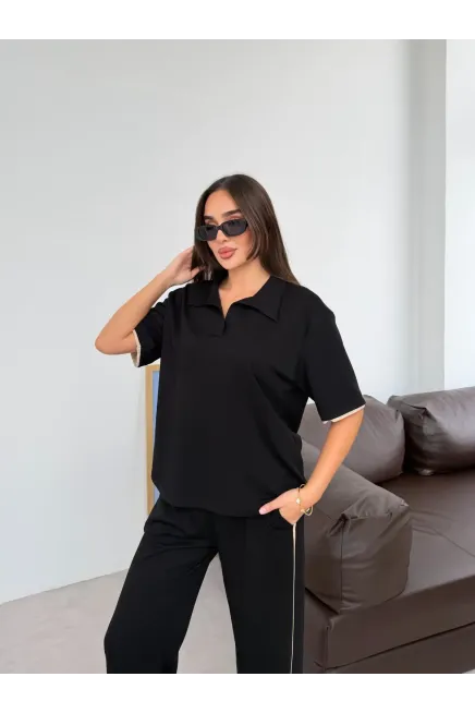 Modal Kumaş Gömlek Yaka Alt Üst Takım Siyah - 2