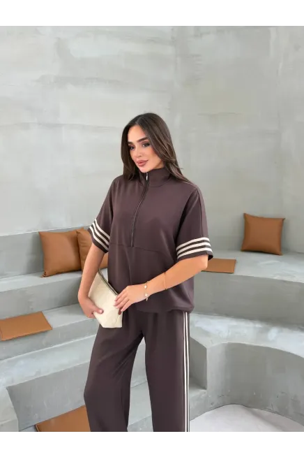 Modal Kumaş Şerit Detaylı İkili Eşofman Takımı Kahve - 4