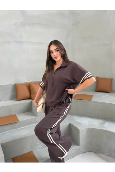 Modal Kumaş Şerit Detaylı İkili Eşofman Takımı Kahve