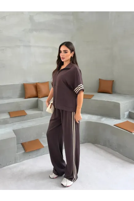 Modal Kumaş Şerit Detaylı İkili Eşofman Takımı Kahve - 3