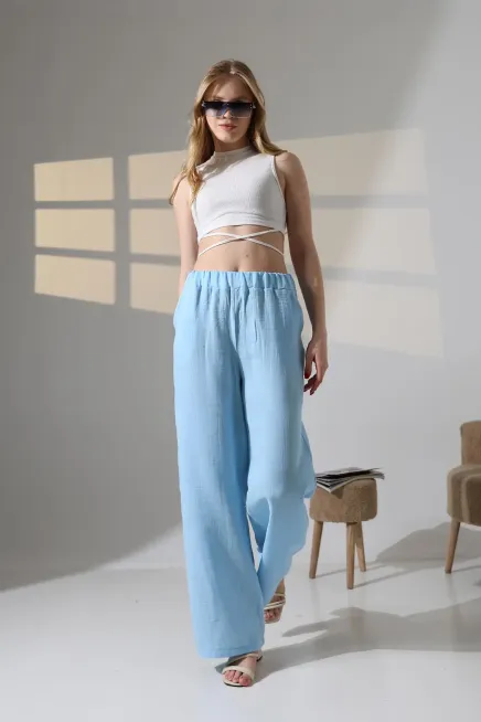 Müslin Kumaş Bol Paça Pantalon Ekru-dsbpnt1001-mv