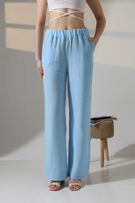 Müslin Kumaş Bol Paça Pantalon Ekru-dsbpnt1001-mv