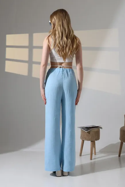 Müslin Kumaş Bol Paça Pantalon Ekru-dsbpnt1001-mv