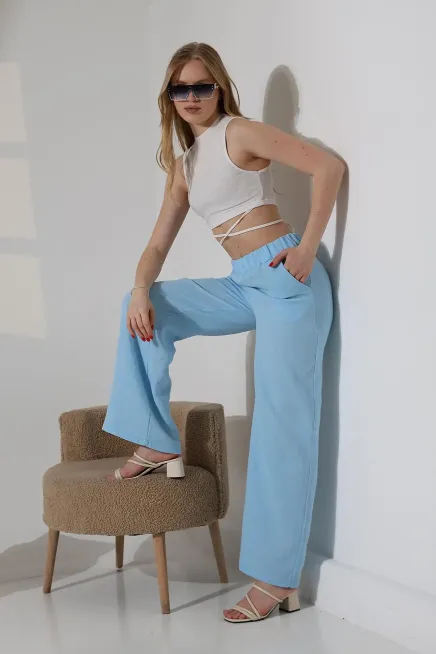 Müslin Kumaş Bol Paça Pantalon Ekru-dsbpnt1001-mv
