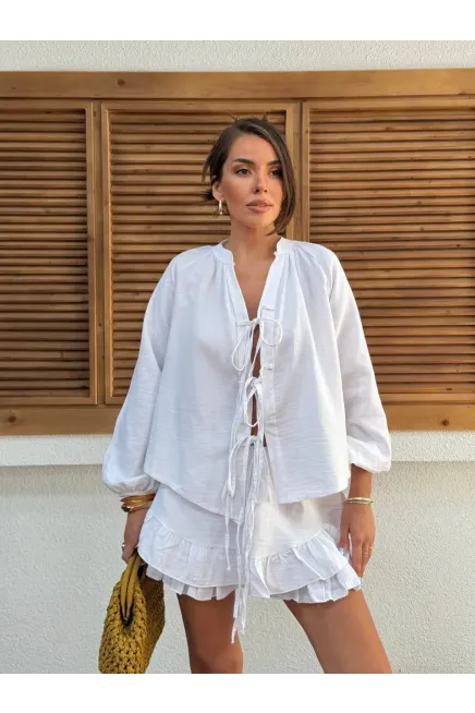 Müslin Kumaş Şort Etek ve Üst Tasarım Takım Beyaz