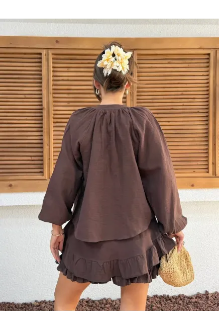 Müslin Kumaş Şort Etek ve Üst Tasarım Takım Kahve