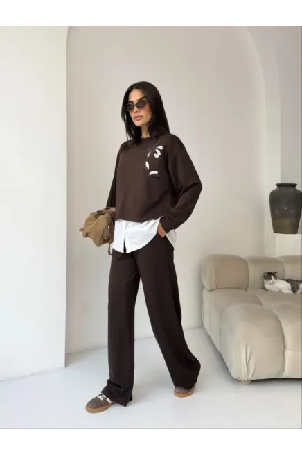 Nakışlı Gömlek Detay Alt Üst Modal Takım Kahve - 2