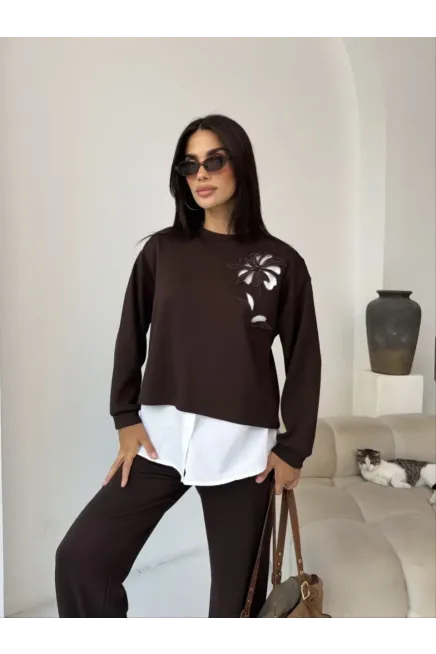 Nakışlı Gömlek Detay Alt Üst Modal Takım Kahve - 3