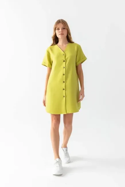 Önü Düğmeli Keten Elbise-rqelb108-ysl - 2