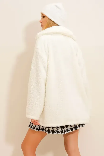 Önü Düğmeli Oversize Peluş Ceket-rq88-byz