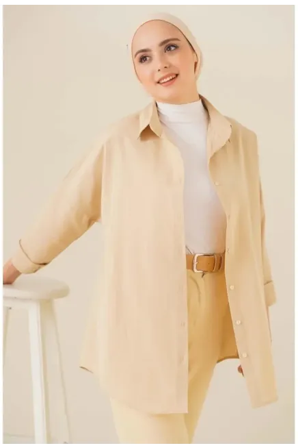 Oversize Basic Tesettür Gömlek Krem-103901-krm