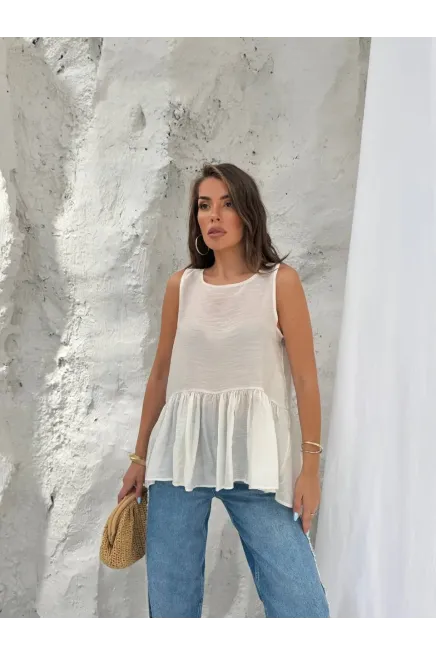 Pamuk Modal Kumaş Kolsuz Bluz Beyaz