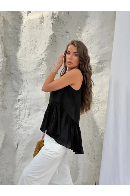 Pamuk Modal Kumaş Kolsuz Bluz Siyah