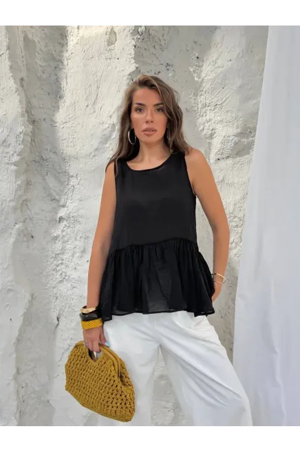Pamuk Modal Kumaş Kolsuz Bluz Siyah