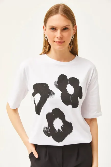 Papatya Baskılı Rahat Kalıp T-Shirt-cln1033-byz - 2