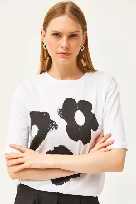 Papatya Baskılı Rahat Kalıp T-Shirt-cln1033-byz - 4