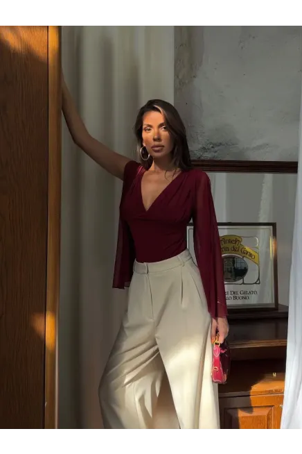 Pelerin Kol Detay Sandy Kumaş Bluz Bordo - 4
