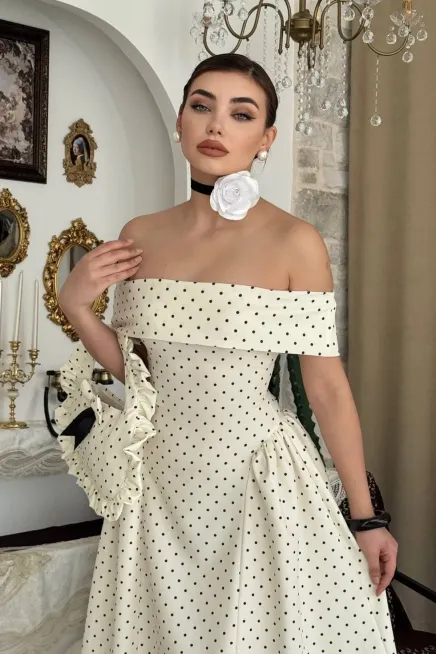 Puantiye Desenli Carmen Yaka A Kesim Maxi Dokuma Elbise - 2