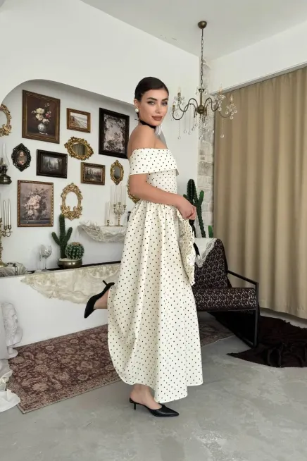 Puantiye Desenli Carmen Yaka A Kesim Maxi Dokuma Elbise - 4