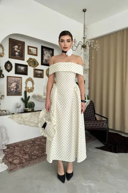 Puantiye Desenli Carmen Yaka A Kesim Maxi Dokuma Elbise - 3