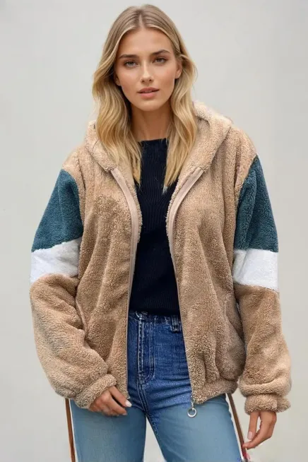 Renk Bloklu Bomber Polar Peluş Sweatshirt-P00012802-sr