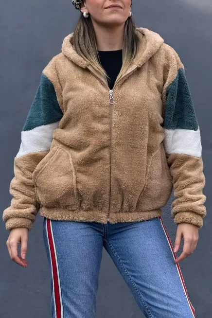 Renk Bloklu Bomber Polar Peluş Sweatshirt-P00012802-sr