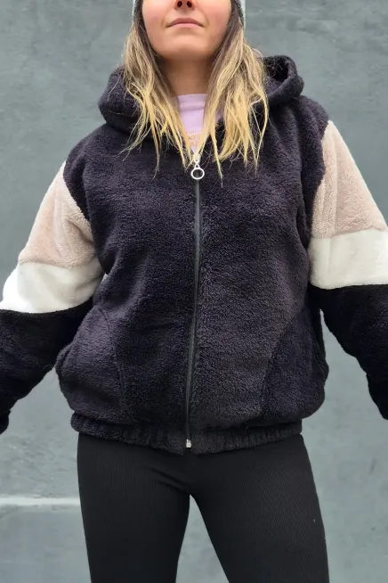 Renk Bloklu Bomber Polar Peluş Sweatshirt-P00012815 - 2