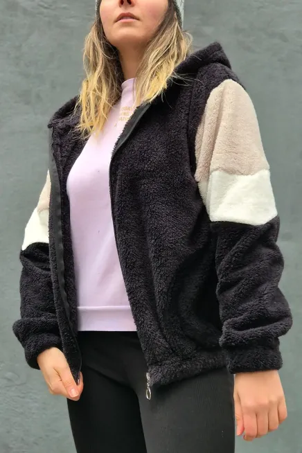 Renk Bloklu Bomber Polar Peluş Sweatshirt-P00012815 - 4