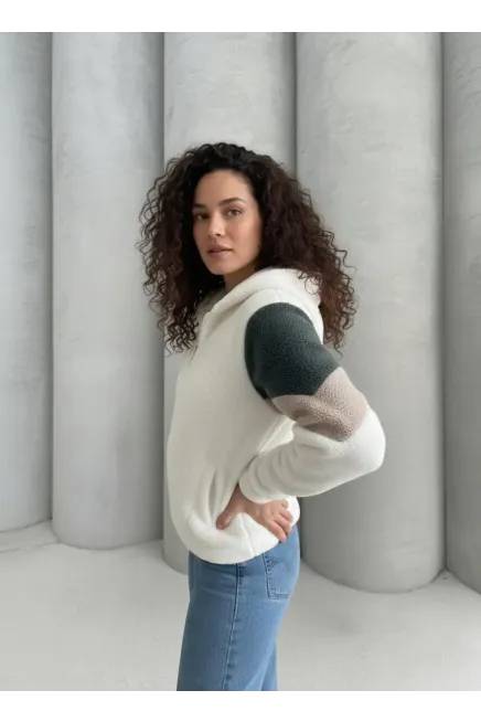 Renk Bloklu Bomber Polar Peluş Sweatshirt-P00013271-ekr