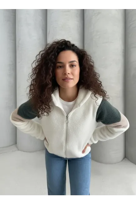 Renk Bloklu Bomber Polar Peluş Sweatshirt-P00013271-ekr