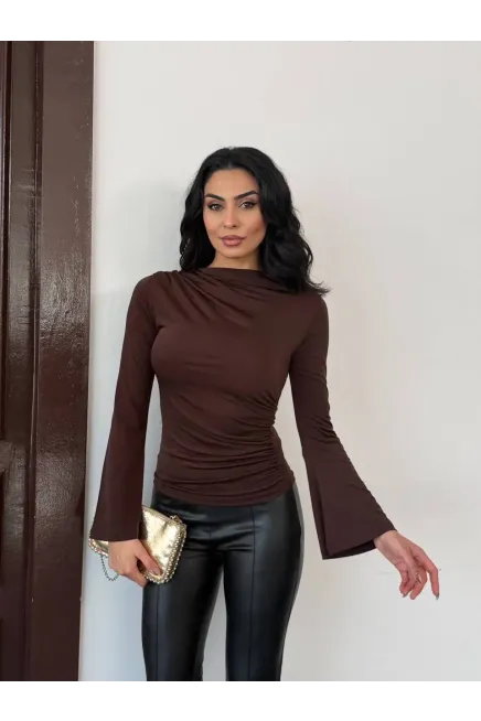 Sandy Kumaş Kol Detay Bluz Kahve
