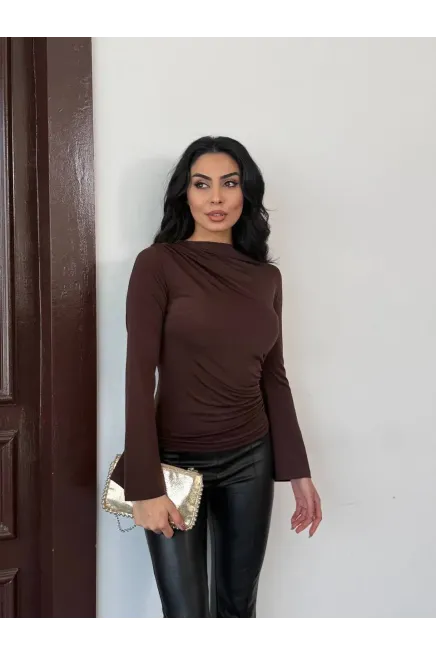 Sandy Kumaş Kol Detay Bluz Kahve