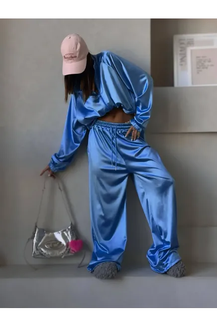 Saten Kumaş Oversize Alt Üst Takım Mavi