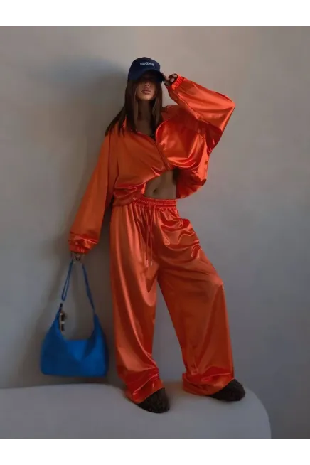 Saten Kumaş Oversize Alt Üst Takım Turuncu