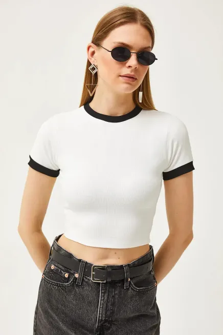 Şerit Detay Likralı Crop Bluz-cln1035-byz
