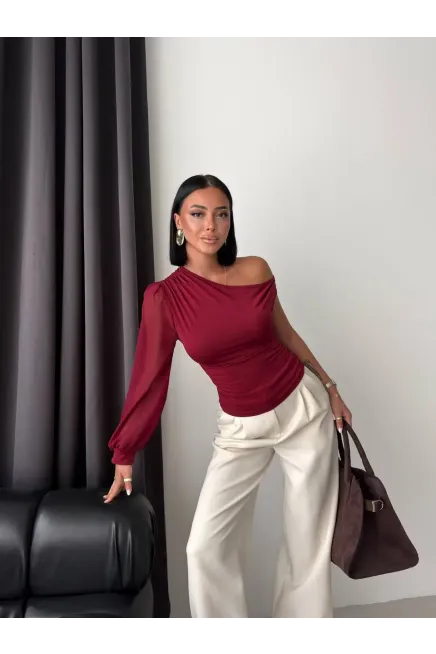 Şifon Kol Detay Sandy Kumaş Bluz Bordo