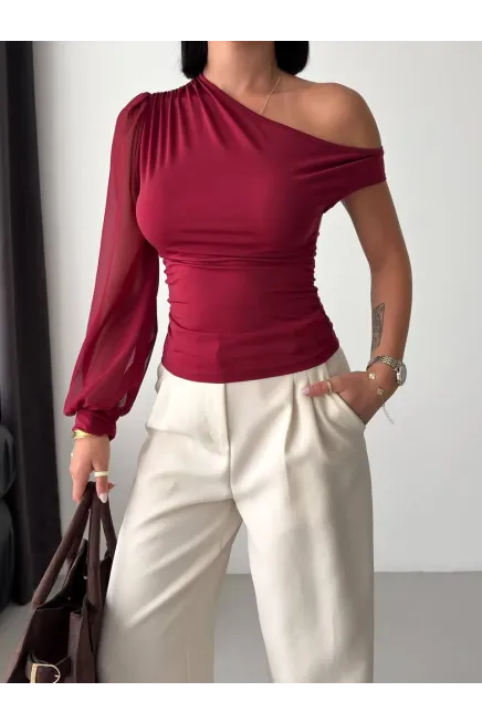 Şifon Kol Detay Sandy Kumaş Bluz Bordo - 2