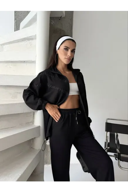 V Paraşüt Detay Garnili Modal Takım Siyah - 3