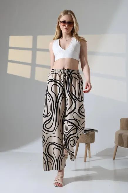 Viskon Bol Paça Bej Desenli Pantalon-ccyz2025pnt-bj
