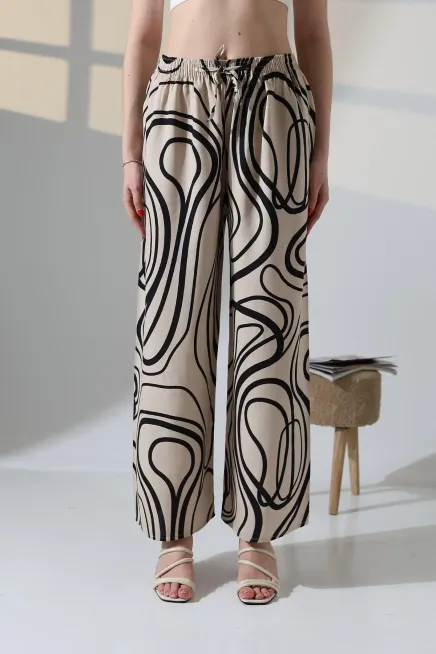 Viskon Bol Paça Bej Desenli Pantalon-ccyz2025pnt-bj