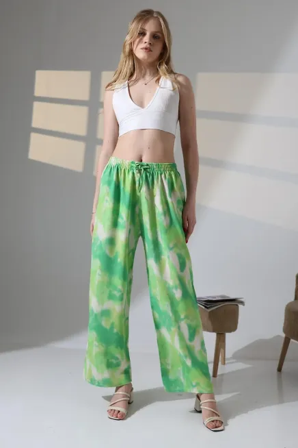 Viskon Bol Paça Yeşil Desenli Pantalon-ccyz2025pnt-ftkysl