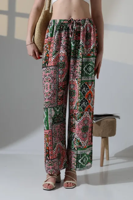 Viskon Bol Paça Zümrüt Desenli Pantalon-ccyz2025pnt-zmrt