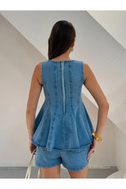 Volanlı Bluz Şort Denim Takım Mavi