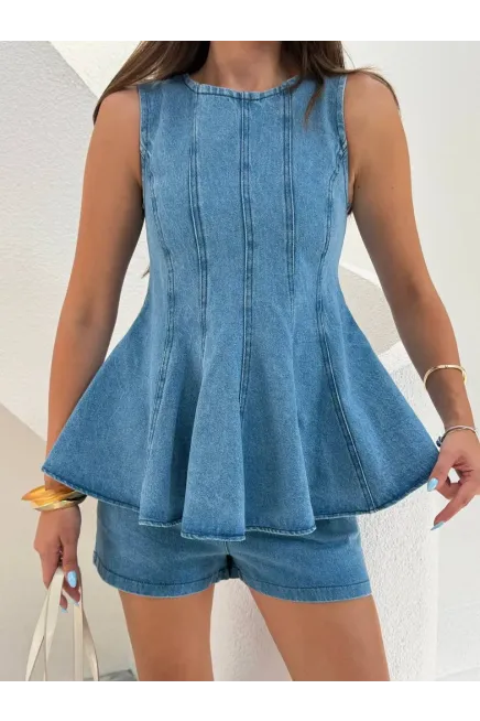 Volanlı Bluz Şort Denim Takım Mavi