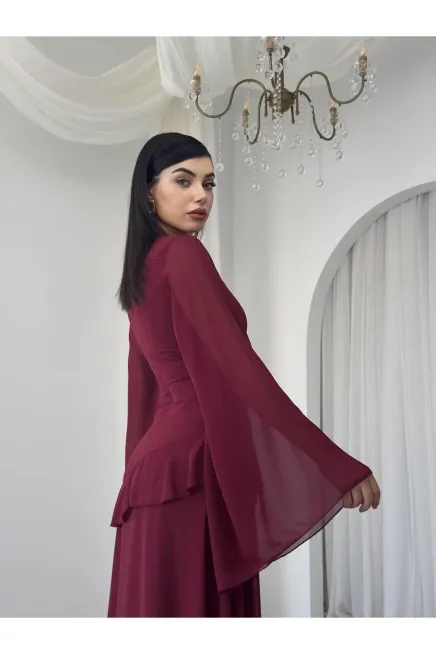 Volanlı İspanyol Kol Uzun Şifon Elbise Bordo