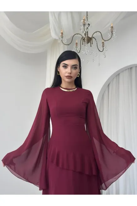 Volanlı İspanyol Kol Uzun Şifon Elbise Bordo