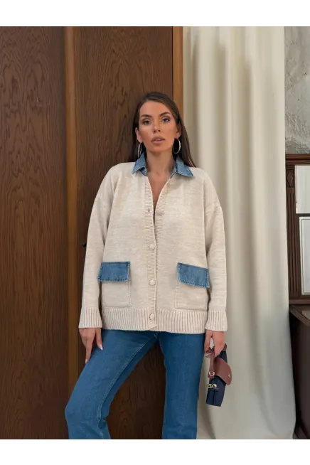 Yaka Denim Detay Triko Hırka Ekru