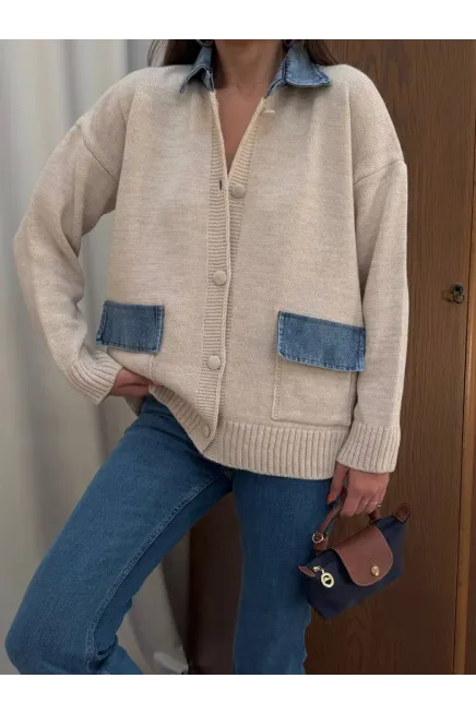 Yaka Denim Detay Triko Hırka Ekru